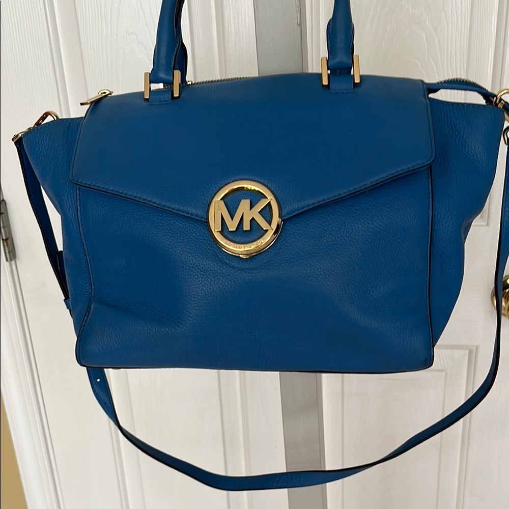 Michael Kors Blue Structured Satchel with Gold Hardware